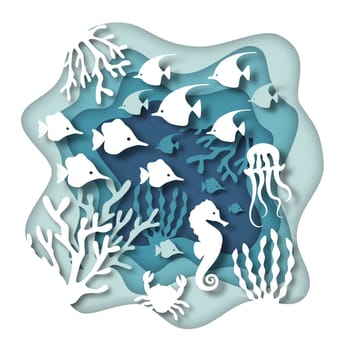 Paper cut marine life 3d illustration. Sea or ocean bottom with fish and coral image.