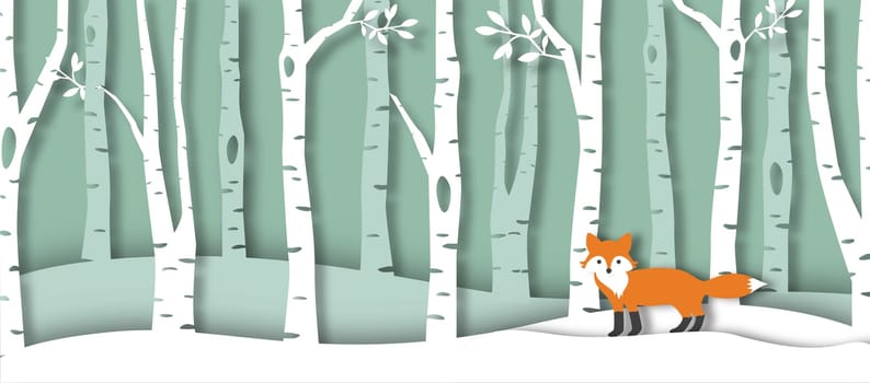Paper cut fox in forest cartoon. 3d winter woods cut out illustration.