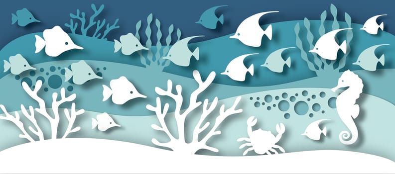 Paper cut marine life 3d illustration. Sea or ocean bottom with fish and coral image.