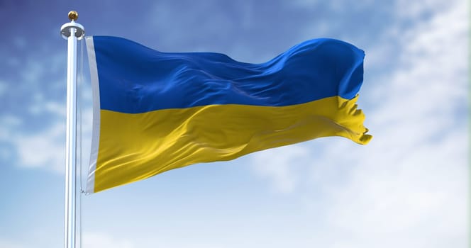 Detail of the national flag of Ukraine waving in the wind on a clear day. Democracy and politics. Eastern Europe country. Patriotism. Selective focus.