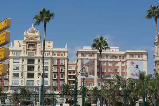 MALAGA, COSTA DEL SOL, SPAIN - AUGUST 29, 2019:.Fountain and Plaza de la Marina, Málaga, Andalusia, Spain, Europe