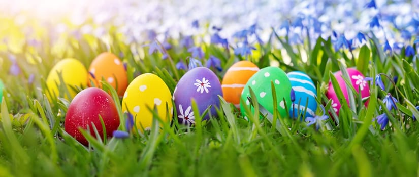 Easter eggs on the meadow with fresh green grass. Concept of the Easter celebration.