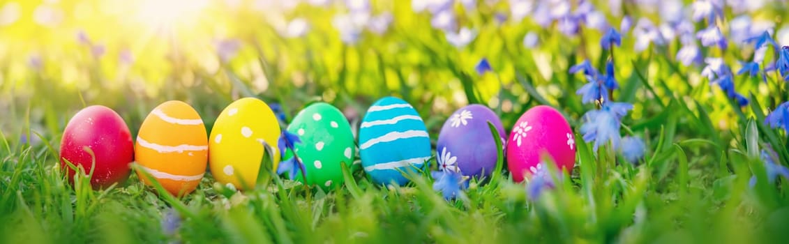 Easter eggs on the meadow with fresh green grass. Concept of the Easter celebration.