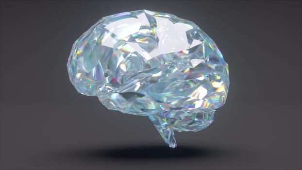 Glass bright model of brain with 3d render gradient faces. Artificial intelligence in realistic decorative design. Symbol of multifaceted creative thinking and digital development.