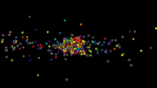 Colorful clusters of balls flying in 3d render space. Round objects in trendy colors for bright digital interiors and presentations. Futuristic clouds of molecules with glossy and matte effect.