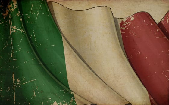 Illustration of a rusty Italian flag printed on old paper.