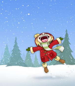 Illustration of a girl enjoying the snow.