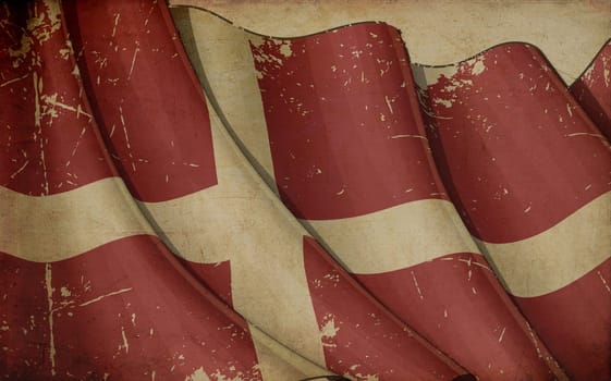 Illustration of an Old, Scratched, Rusty Flag of Denmark printed on old paper