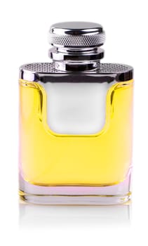 The yellow Parfume bottle isolated on white background