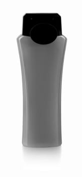 The black plastic bottle with shower gel on white background