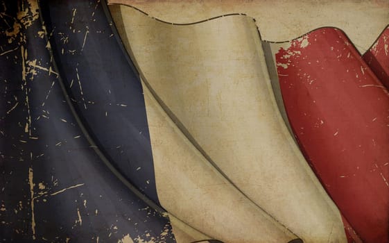 Illustration of a rusty French flag printed on old paper.