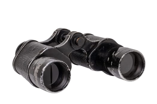 Vintage binoculars isolated. Close-up of an old german Binoculars with leather straps used from military during the second world war isolated on white. Macro. Clipping path.