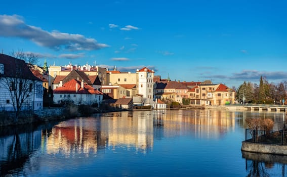 Old town in city Jindrichuv Hradec reflecting in water, Czech Republic in the region South Bohemia.