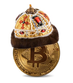 Shiny physical bitcoins in crown isolated on white background. Blockchain technology.