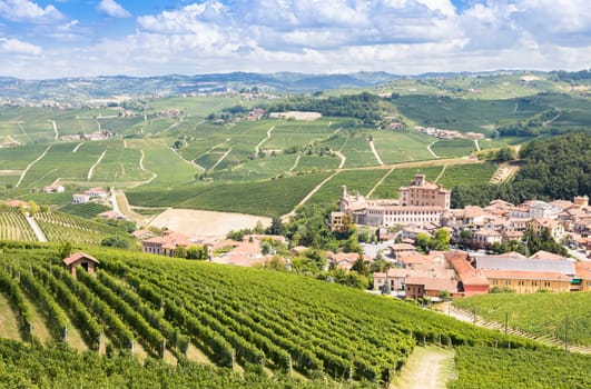 Panoramic countryside in Piedmont region, Italy. Scenic vineyard hill with the famous Barolo Castle and city.