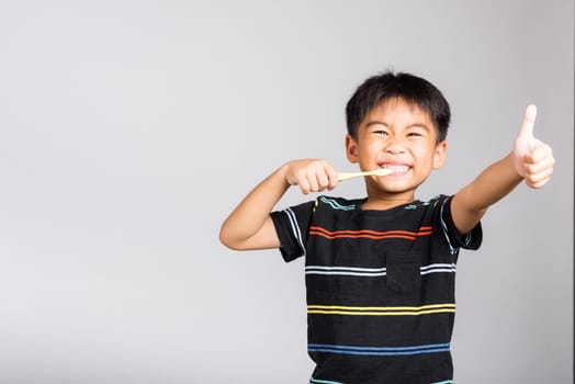 Little cute kid boy 5-6 years old smile brushing teeth and show thumb up finger for good sign in studio shot isolated on white background, happy Asian children, Dental hygiene healthy concept