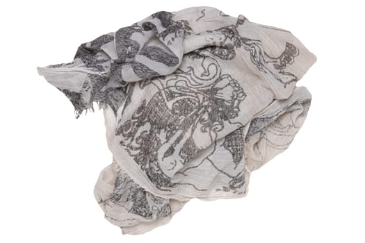 Scarf isolated. Closeup of a beautifully folded gray white scarf or headscarf with a abstract pattern isolated on a white background. Clipping path. Top view, flat lay, copy space.