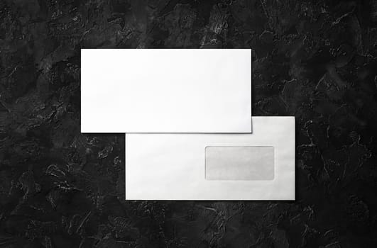 Two blank paper envelopes. Front and back side. Template for branding identity. Flat lay.