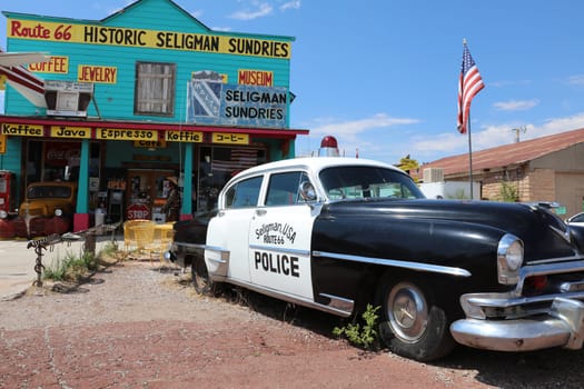 Decorations in the city of Seligman in Arizona at the historic Route 66. USA