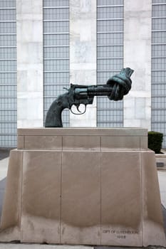 Non-Violence Sculpture (The Knotted Gun) at United Nations Headquarters in New York City. USA