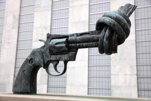 Non-Violence Sculpture (The Knotted Gun) at United Nations Headquarters in New York City. USA
