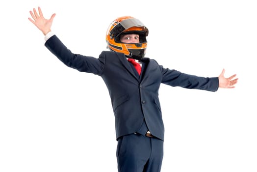 Happy and successful businessman with helmet isolated in white