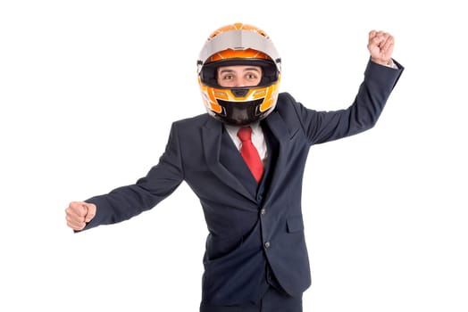 Happy and successful businessman ,with helmet isolated in white