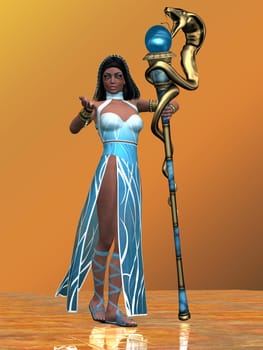 An Egyptian queen in a blue gown stands with a snake staff representing the Blue Nile river.