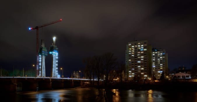 Construction site of the new pylon bridge, the new landmark of the city, over the river Elbe in Magdeburg