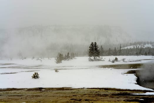 winter,pool,park,yellowstone,geothermal,national,nature,landscape,water,spring,travel,snow,vacation,natural,volcano,hot,steam,outdoor,tourist,terrace