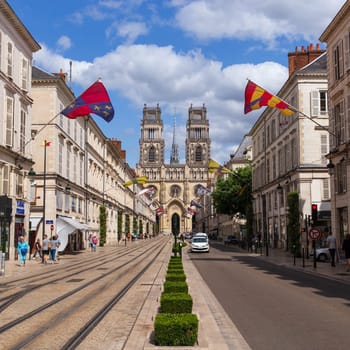 Orléans, France - July 20 2017 - Street and Sainte-Croix Cathedral in Orléans