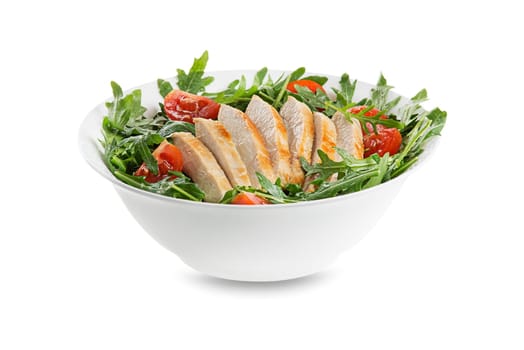 Healthy mixed salad with chicken breast, tomato and arugola leaves isolated on white