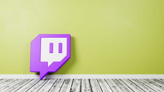 Twitch Logo 3D Symbol Shape on Wooden Floor Against Yellow Wall with Copy Space 3D Render Illustration