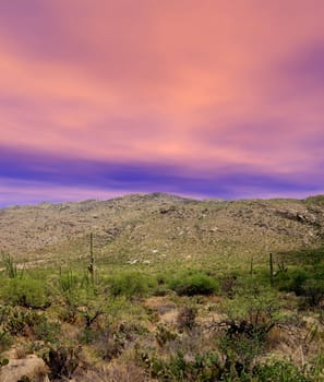 Sunset and boulder chain in the Sonora desert in central Arizona USA