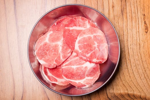 Raw pork on plate, Korean traditional style fresh pork beef belly BBQ, Japanese meat hot pot or Shabu in the restaurant, barbecue food