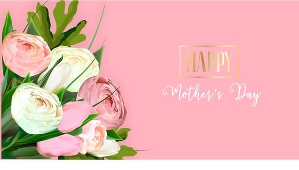Mother's day greeting card template. print-ready postcard mockup. Lettering in English: Happy Mother's Day. Flyer congratulations on international women's day. Banner layout.