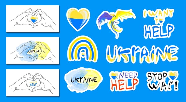 Stay with Ukraine. Vector stickers in support of Ukraine. yellow-blue heart, t-shirt print. the concept of stop the war