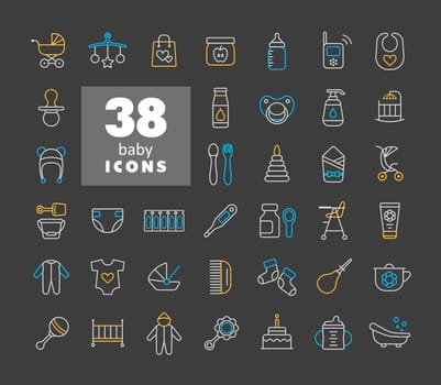 Baby, feeding and care icons set. Graph symbol for children and newborn babies web site and apps design, logo, app, UI