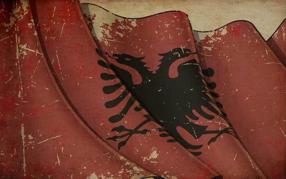 Background illustration of an old paper with a print of a waving Flag of Albania
