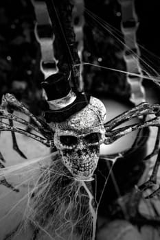 Skulls and spider, gloomy decoration, fear and demon