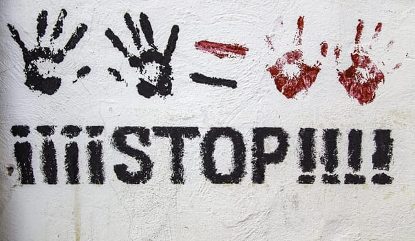 Blood stained handprint, crime and murder, fear