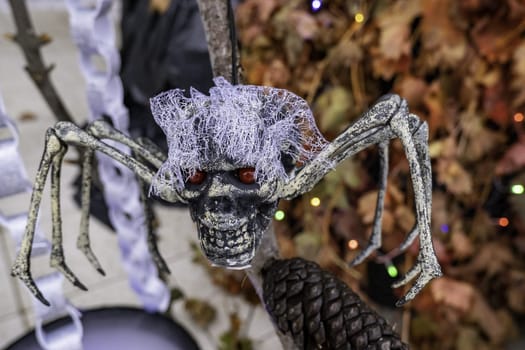Skulls and spider, gloomy decoration, fear and demon