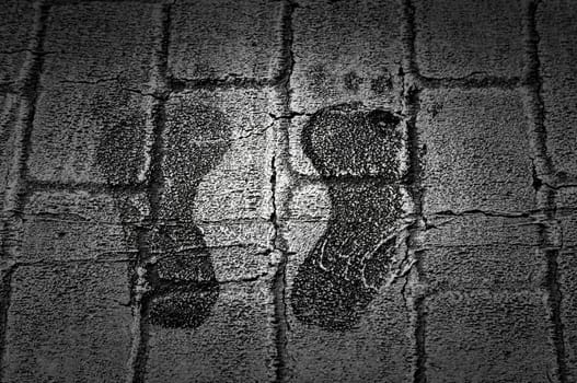 Footprints on city zebra crossing, signs and transport