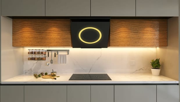 modern island kitchen style wood and lacquer kitchen cabinet design 3d rendering