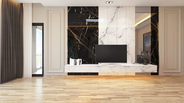 Modern tv unit with marble concept and wooden parquet floor in living room 3d rendering