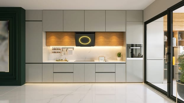 modern island kitchen style wood and lacquer kitchen cabinet design with green wall 3d rendering