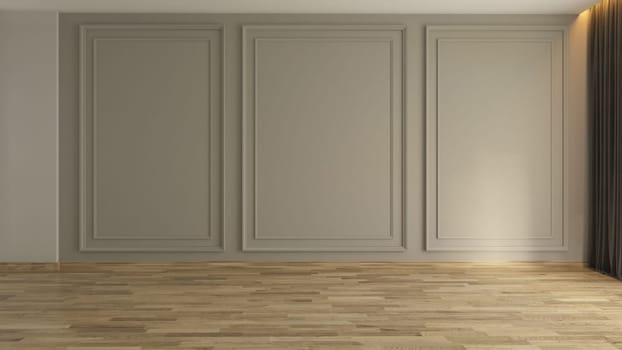 Empty room with Modern classic wall panels, pillow and wooden floor 3d rendering