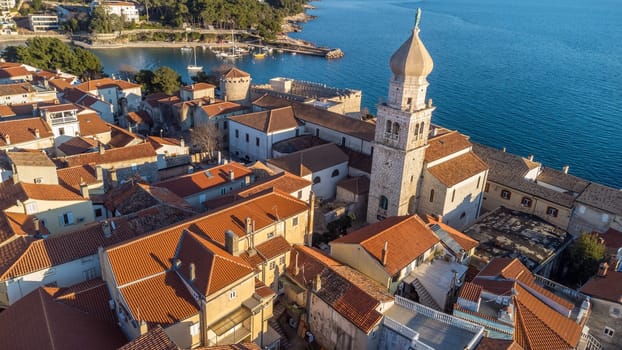 Aerial view of historic Adriatic town of Krk , Island of Krk, Kvarner bay of Adriatic sea, Croatia, Europe.