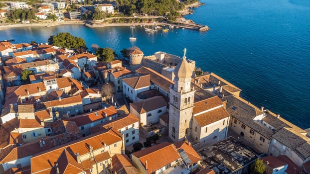 Aerial view of historic Adriatic town of Krk , Island of Krk, Kvarner bay of Adriatic sea, Croatia, Europe.