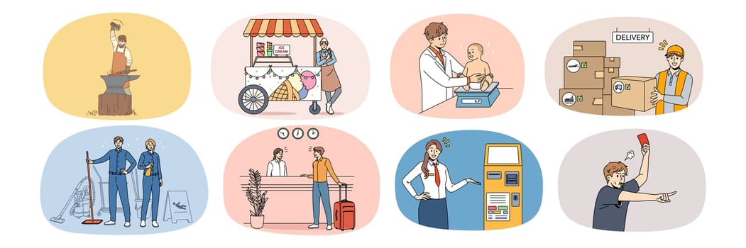 Collection of diverse people and their occupations and jobs. Set of male and female employees and professions. Ironman, pediatrician and courier. Receptionist and referee. Vector illustration.